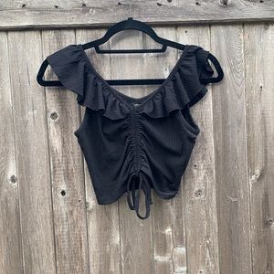 Forever 21 Black Ruffle/Puckered Ribbed Top M